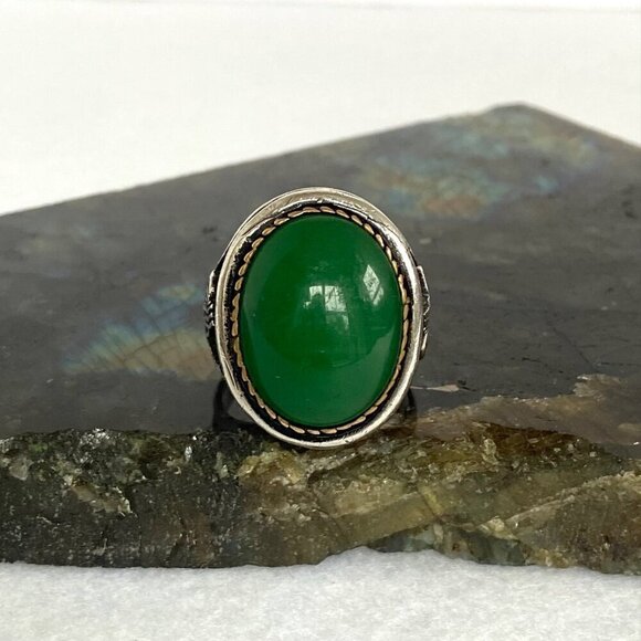 Sterling Silver 925 Green Chalcedony Turkish Ottoman Tughra Unisex Ring Sz 9.25 - Picture 2 of 16